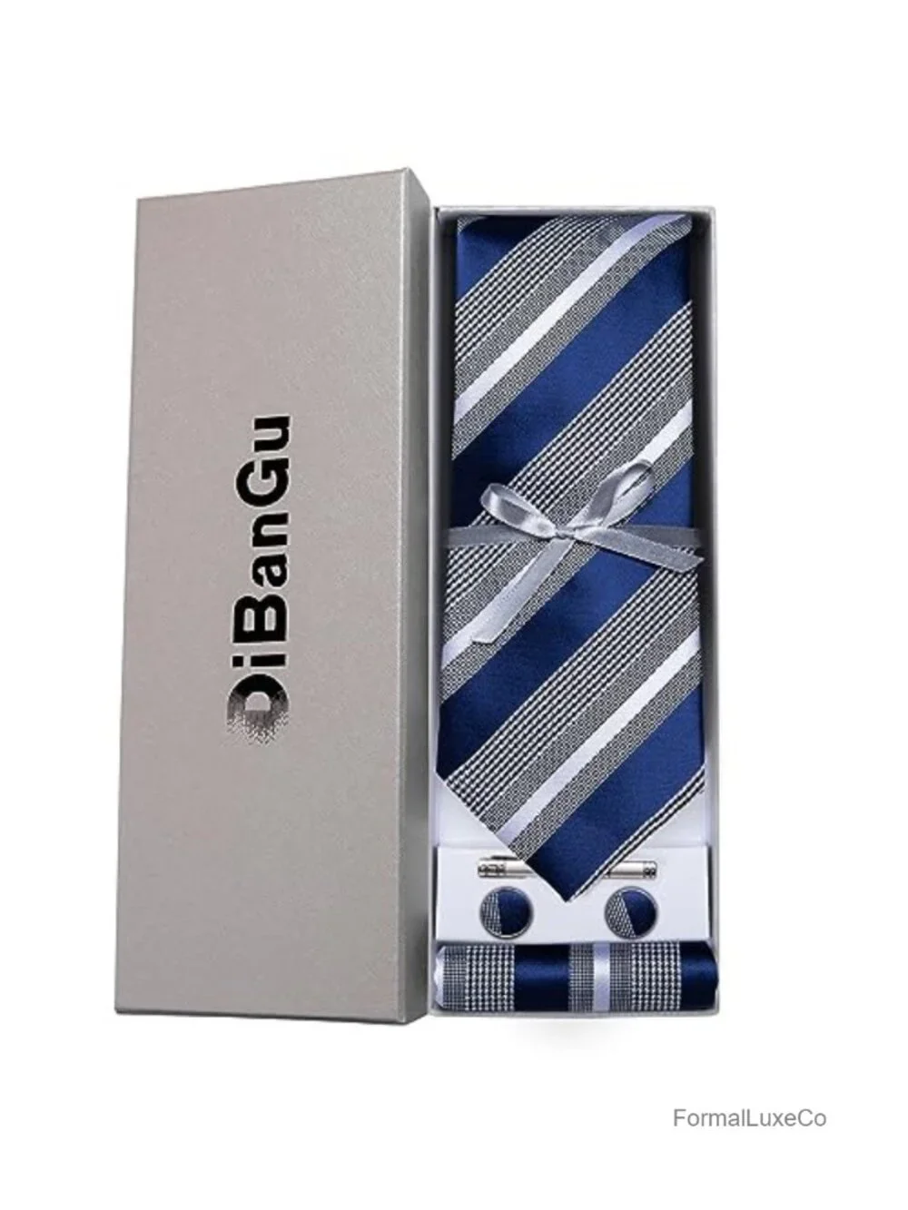 Silk Necktie & Pocket Square Set with Cufflinks & Tie Clip, Formal Wedding Gift